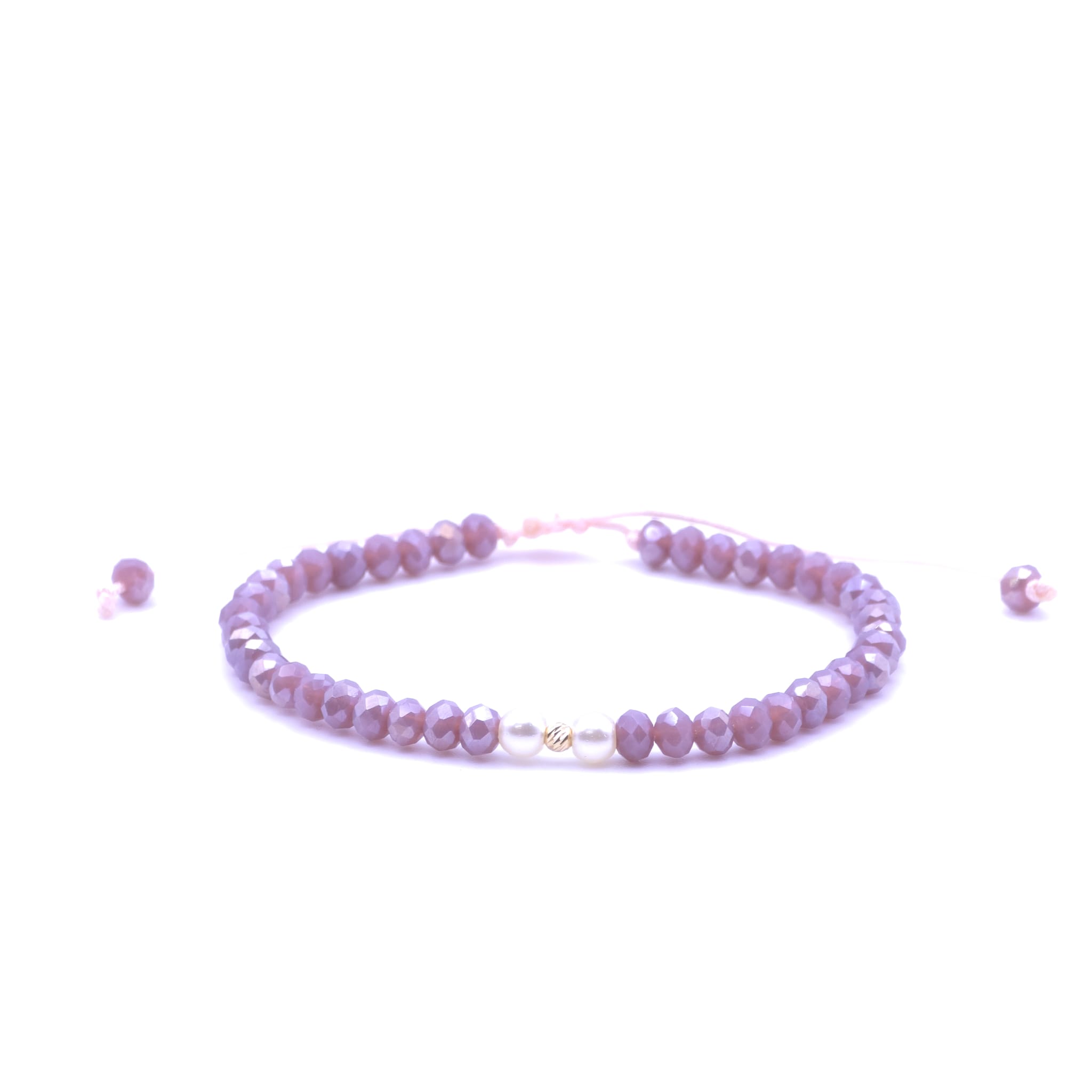 Bratara cu o bila din Aur 585 de 14k de 2.5 mm cu cristale fatetate de sticla lila pal opac si doua perle