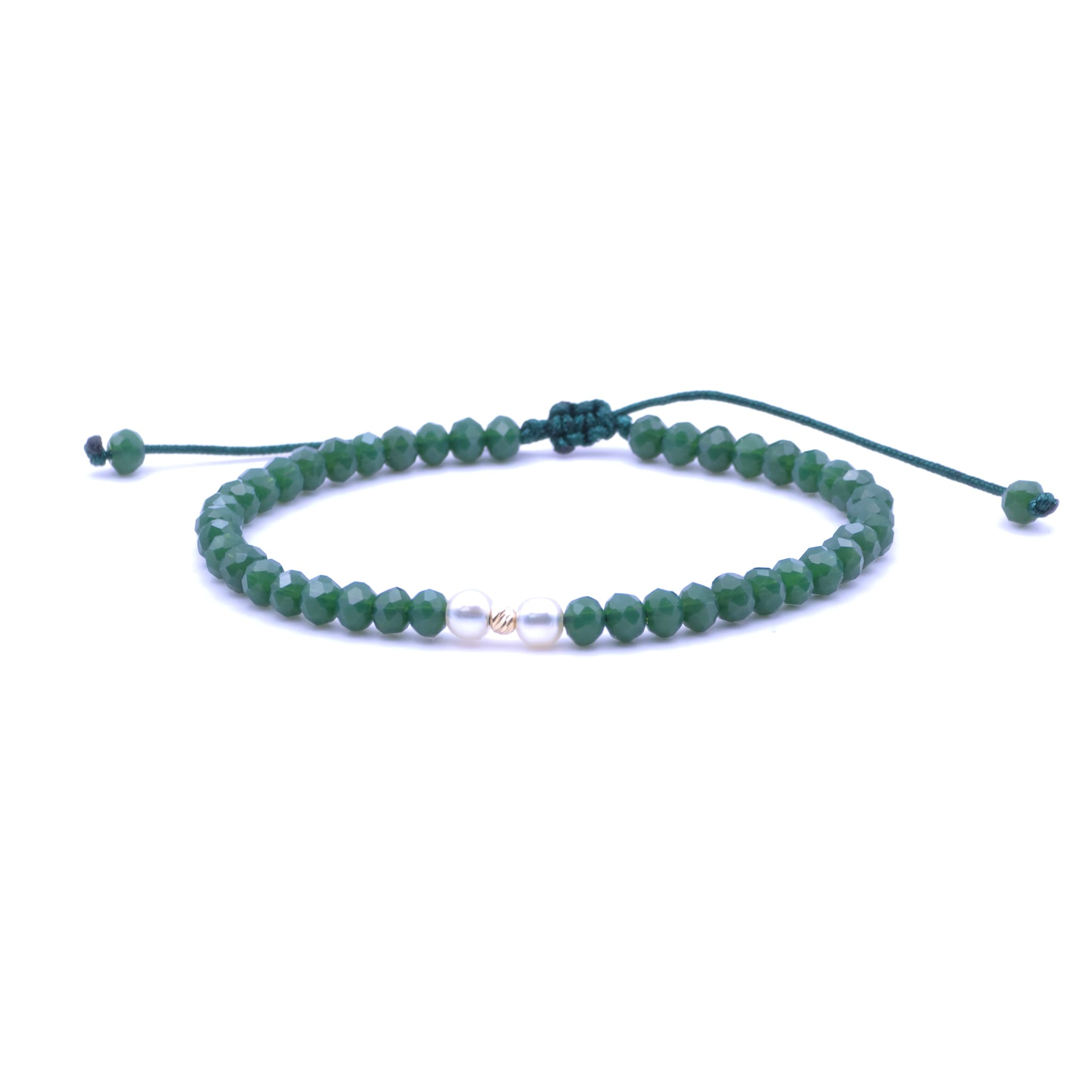 Bratara cu o bila din Aur 585 de 14k de 2.5 mm cu cristale fatetate de sticla verde smarald cu doua perle