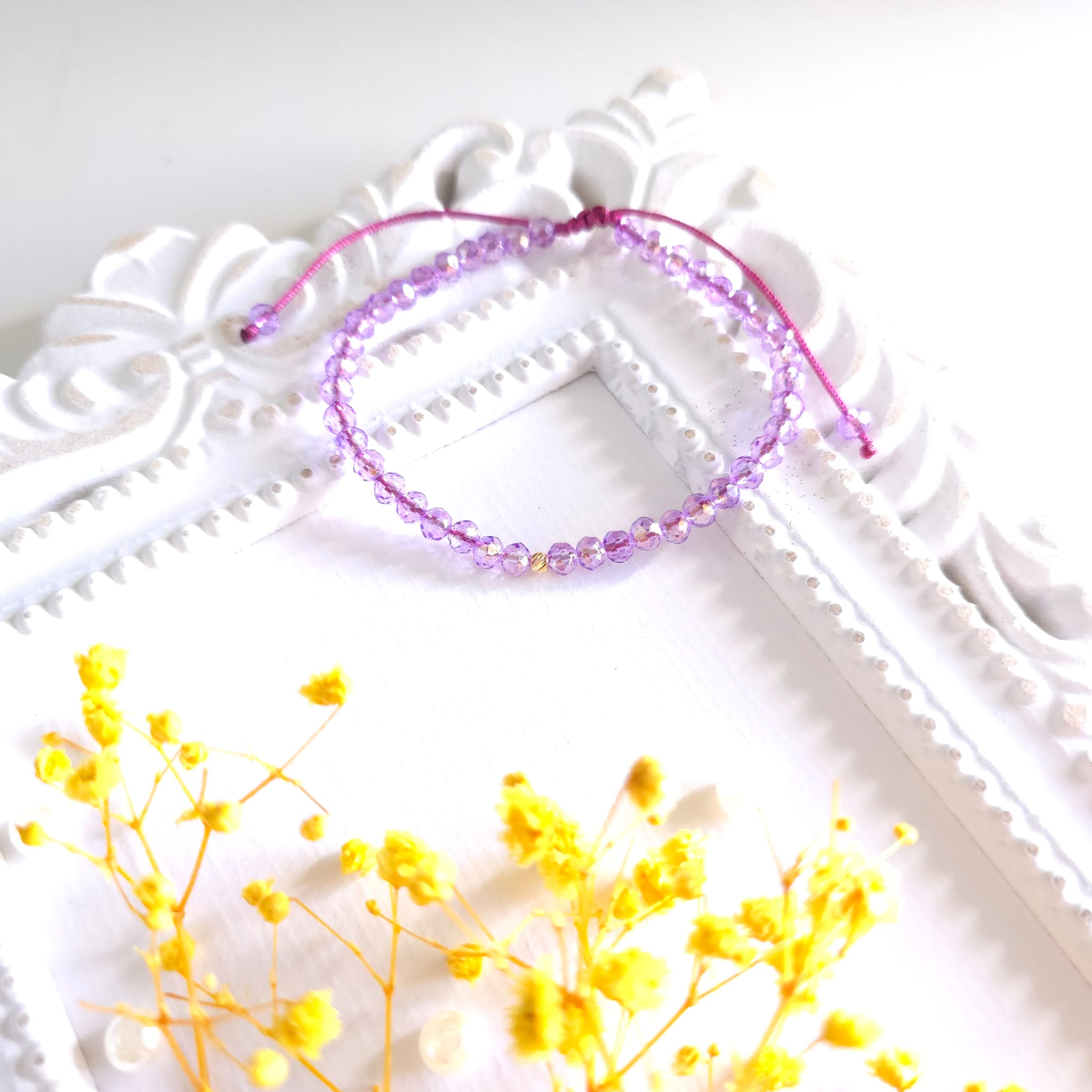 Bratara cu o bila din Aur 585 de 14k de 2.5 mm cu cristale fatetate de sticla violet