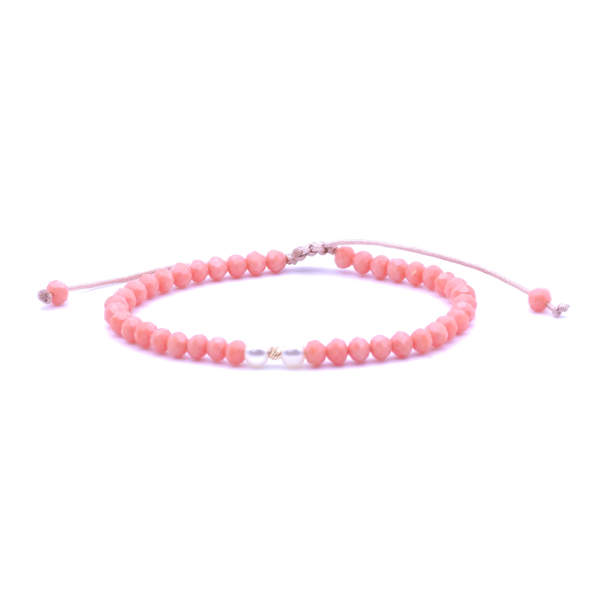 Bratara cu o bila din Aur 585 de 14k de 2.5 mm cu cristale fatetate de sticla peach cu doua perle