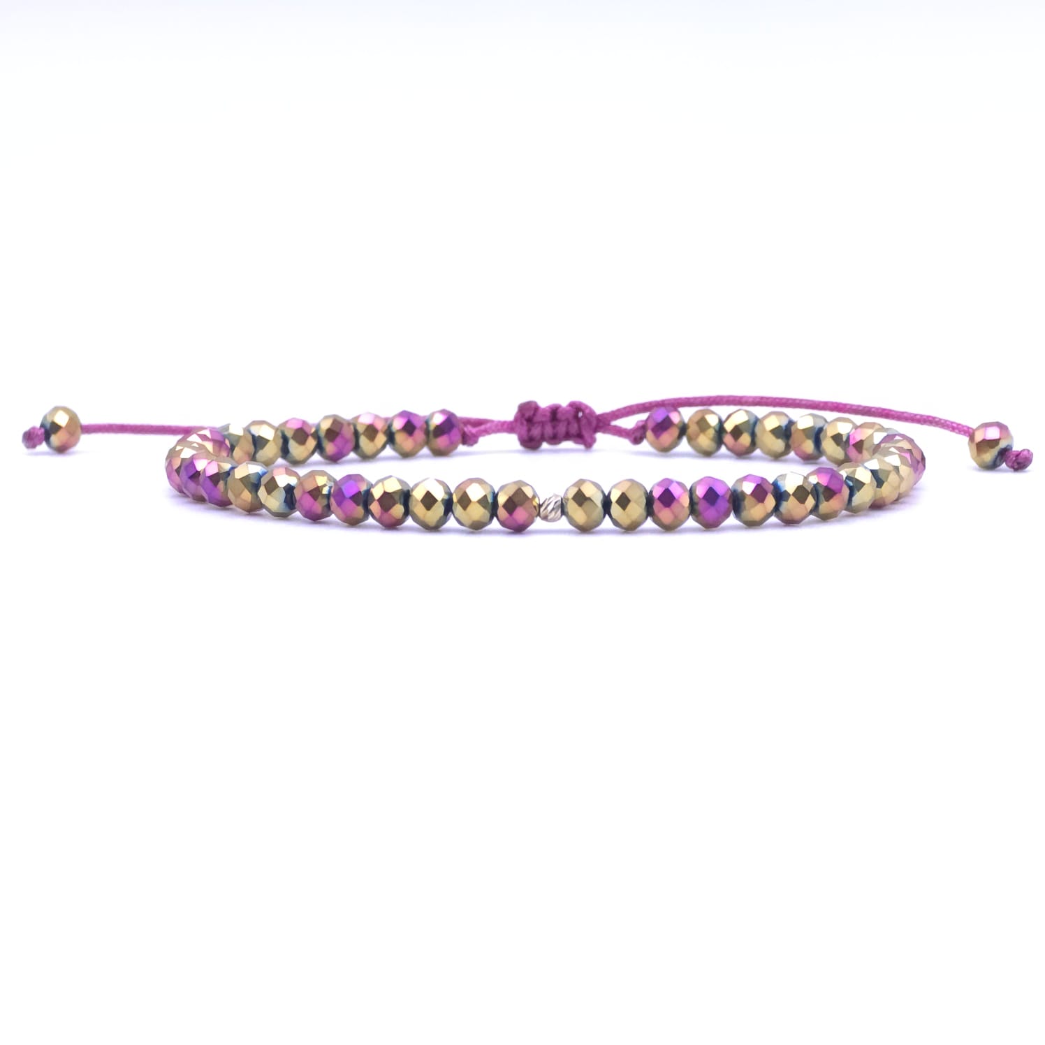 Bratara cu o bila din Aur 585 de 14k de 2.5 mm cu cristale fatetate de sticla roz multicolor metalizat