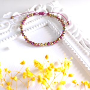 Bratara cu o bila din Aur 585 de 14k de 2.5 mm cu cristale fatetate de sticla roz multicolor metalizat