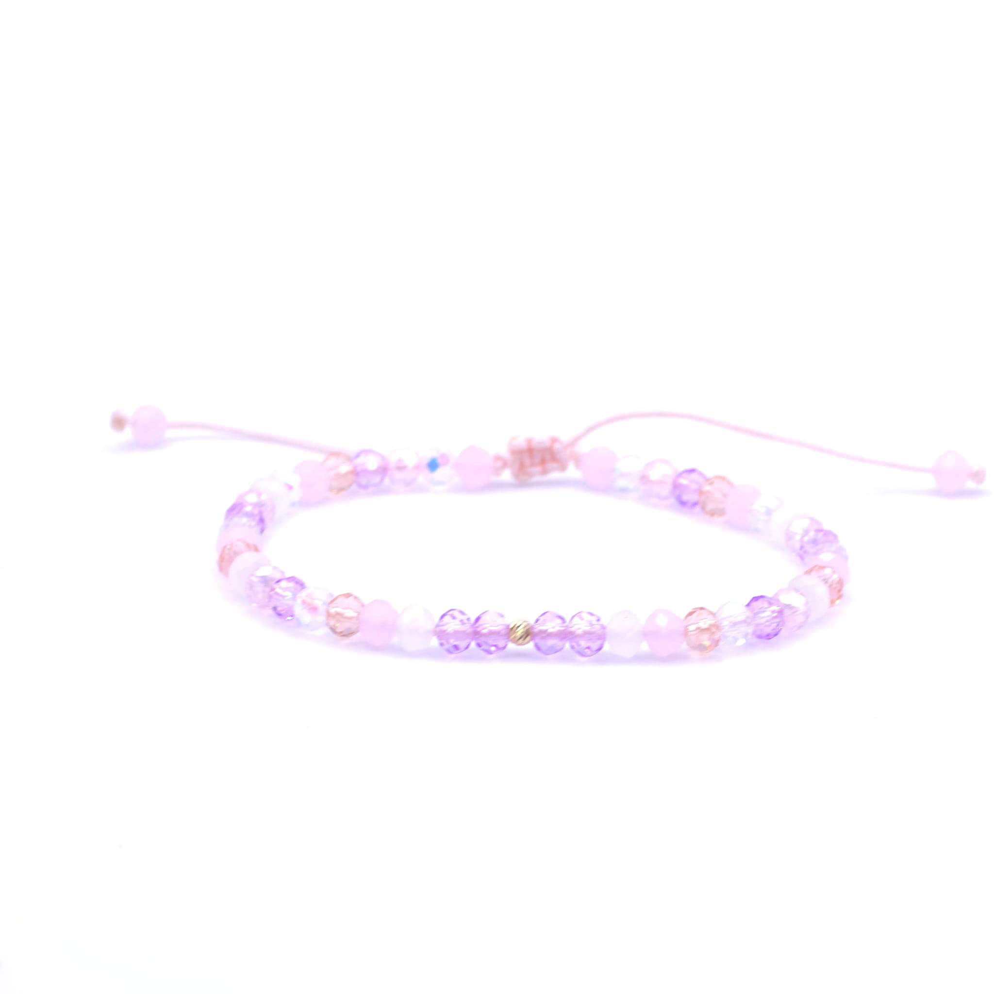 Bratara cu o bila din Aur 585 de 14k de 2.5 mm cu cristale fatetate de sticla mix multicolor lila pal