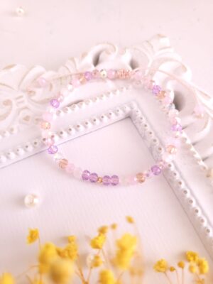 Bratara cu o bila din Aur 585 de 14k de 2.5 mm cu cristale fatetate de sticla mix multicolor lila pal