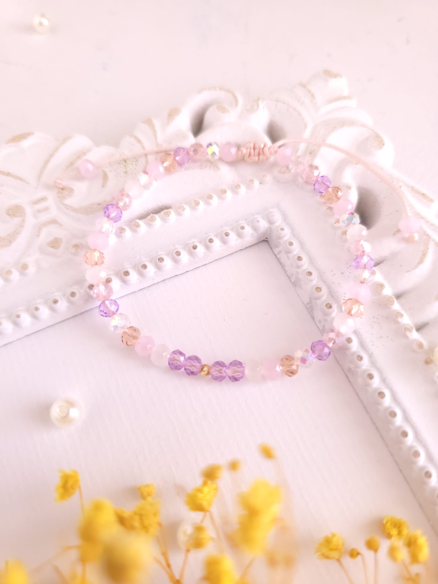 Bratara cu o bila din Aur 585 de 14k de 2.5 mm cu cristale fatetate de sticla mix multicolor lila pal - imagine 2