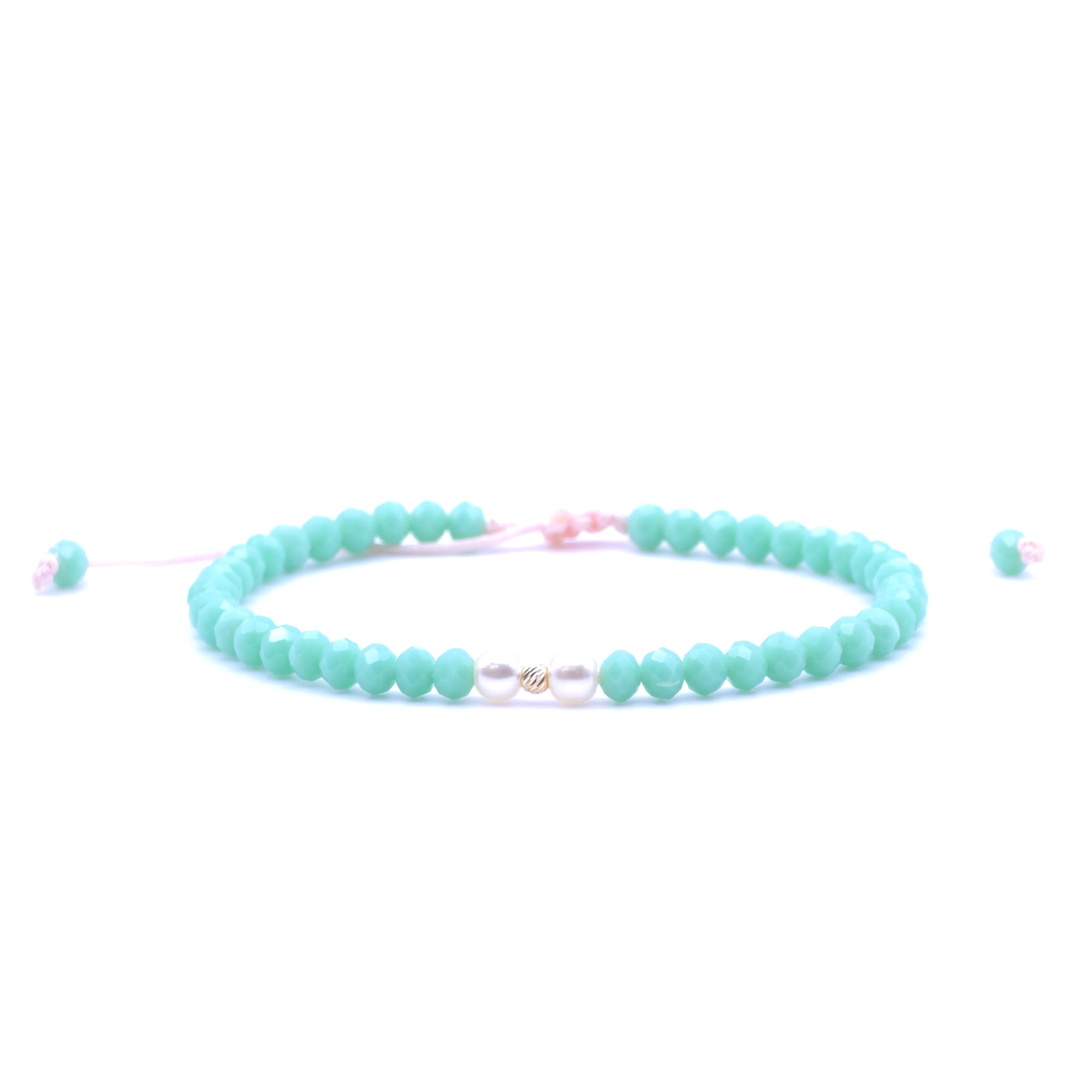 Bratara cu o bila din Aur 585 de 14k de 2.5 mm cu cristale fatetate de sticla turcoaz cu doua perle