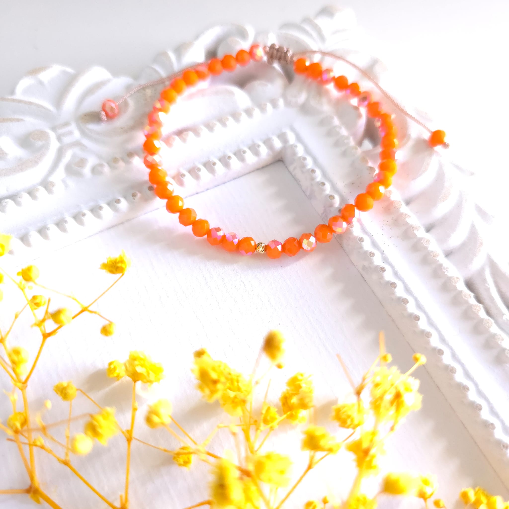 Bratara cu o bila din Aur 585 de 14k de 2.5 mm cu cristale fatetate de sticla orange sparkle