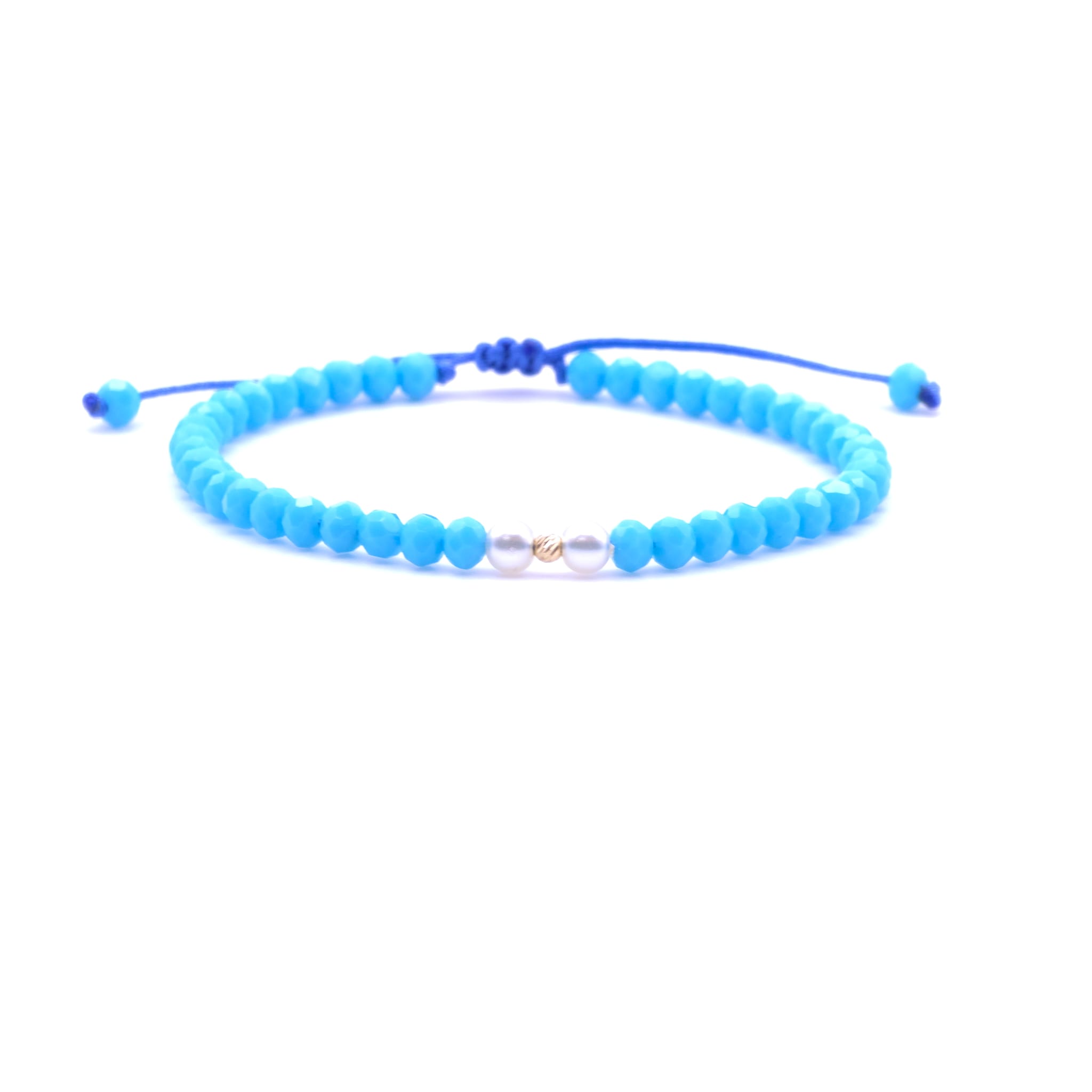Bratara cu o bila din Aur 585 de 14k de 2.5 mm cu cristale fatetate de sticla blue si doua perle